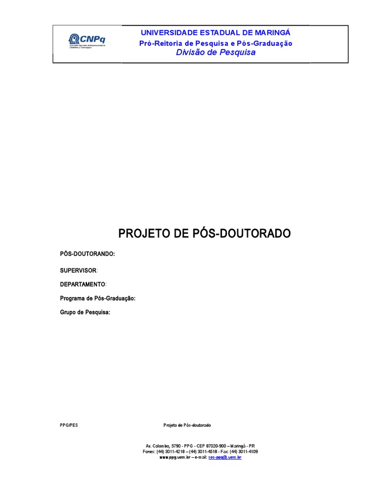Modelo de Projeto de Pós-Doutorado | PDF | Science | Formação complementar