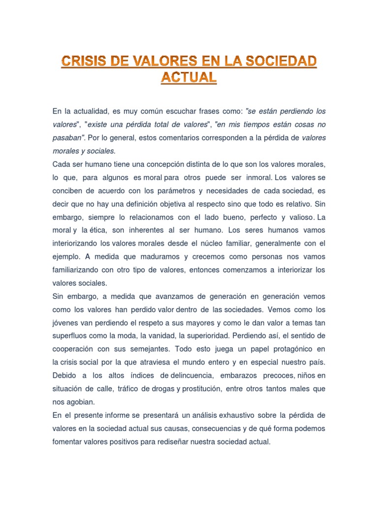 Crisis de Valores en la Sociedad Actual | PDF | Sociedad | Egoismo ...