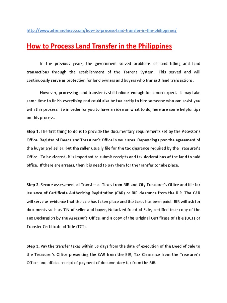 How To Process Land Transfer in The Philippines PDF Deed Title