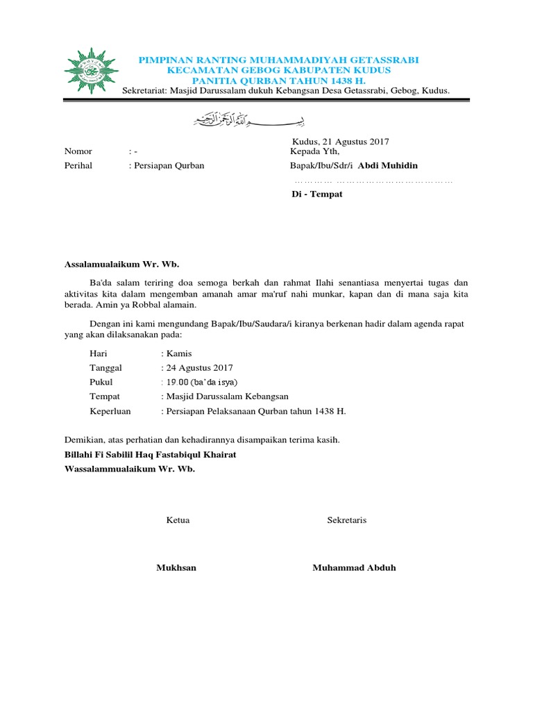 Undangan Rapat Qurban 1438 H Pdf