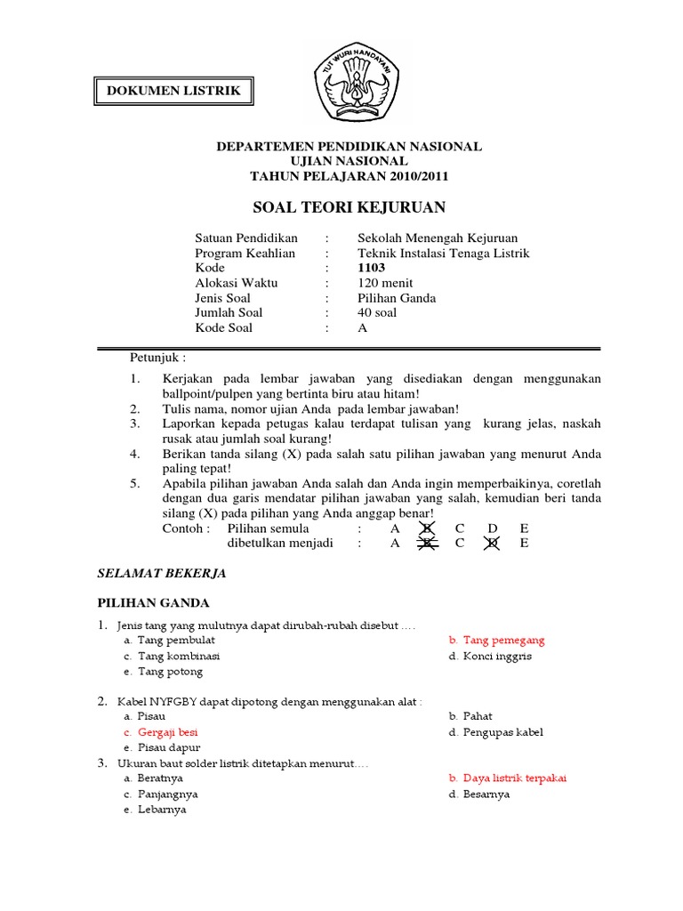 Soal Try Out A Teknik Instalasi Tenaga Listrik 2011