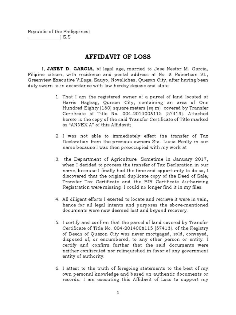 Affidavit of Loss Deed of Sale Affidavit Deed