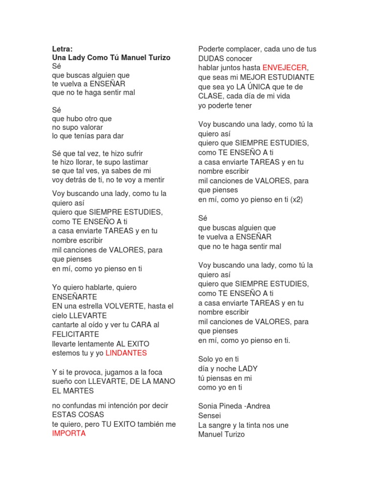 Letra Una Lady Como Tu PDF