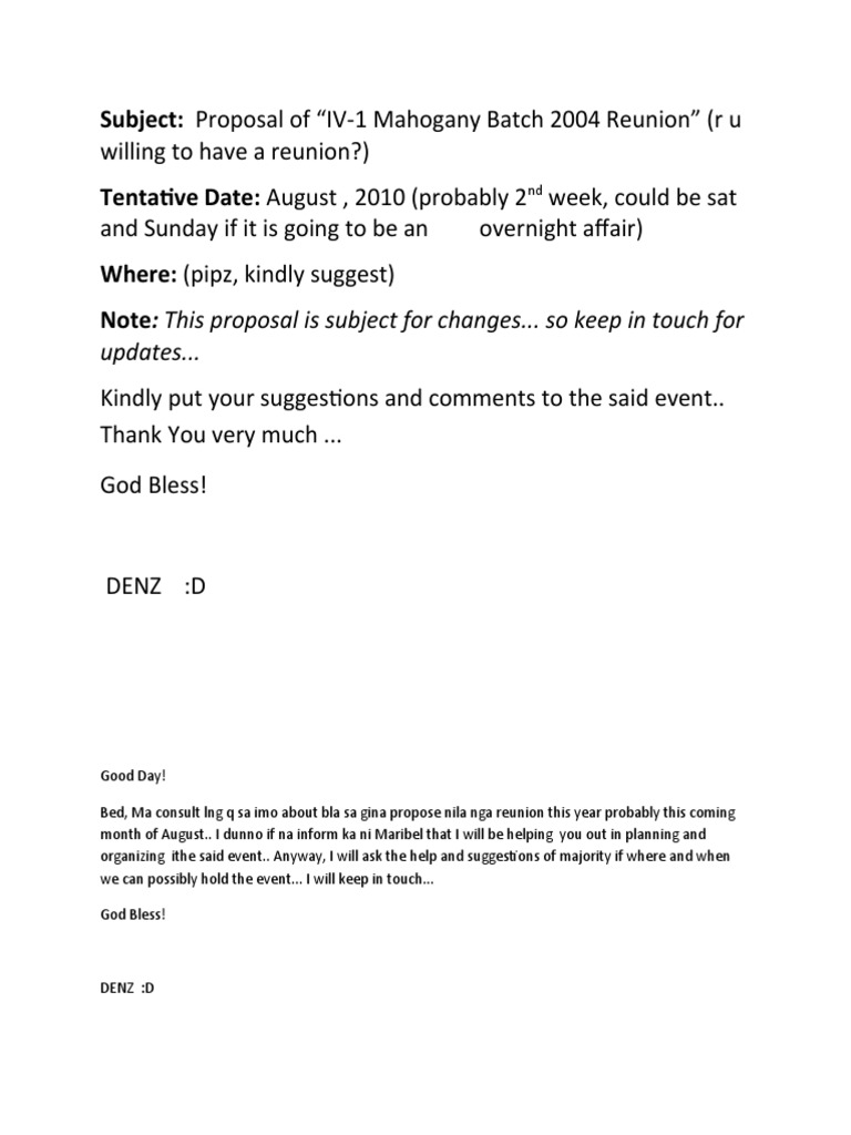 IV-1 Mahogany Batch 2004 Reunion Proposal | PDF | Language Arts ...