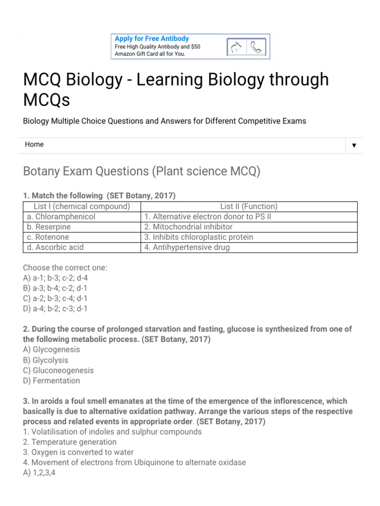 MCQ Biology Learning Biology Through MCQs Botany Exam Questions