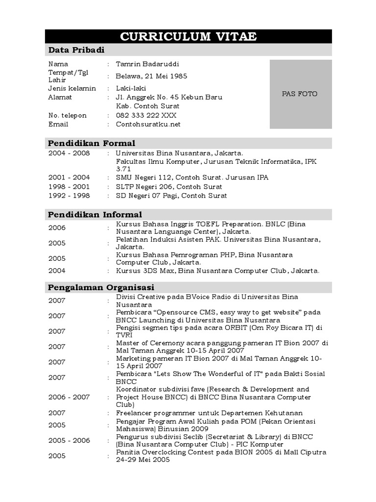 4 Download Contoh CV Daftar Riwayat Hidup Terlengkap Ms