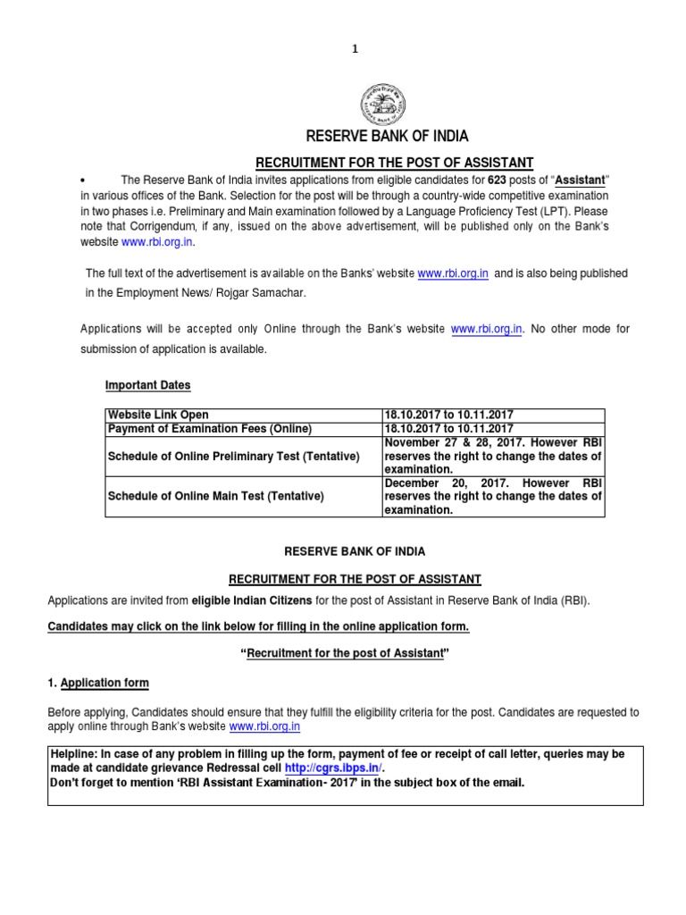 Rbi Assistant Recruitment 2017 Official Notification Reserve Bank Of India Identity Document