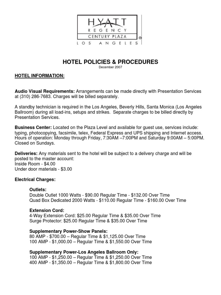 Hyatt Hotel Policies & Procedures Sales Security Guard Fee Free