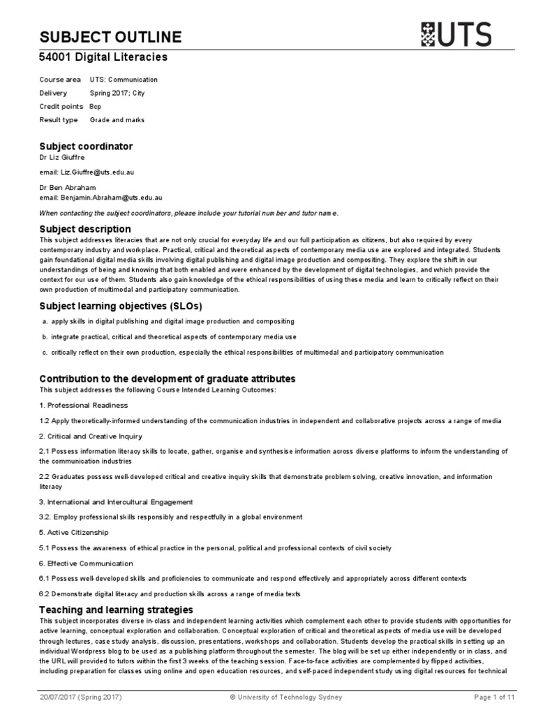 Subject Outline: 54001 Digital Literacies | PDF | Educational ...