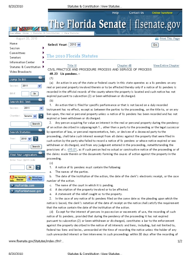 LIS PENDENS, 48.23 Florida Statutes Lien Judicial Notice