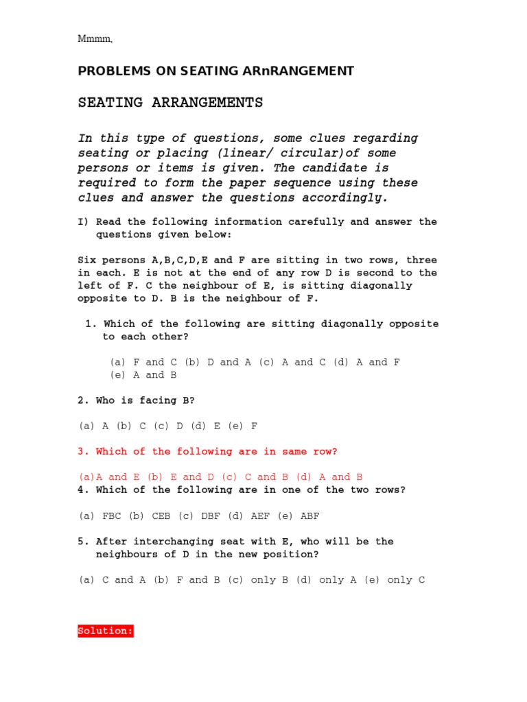 Seating Arrangement Problem Solutions | PDF | Teaching Mathematics