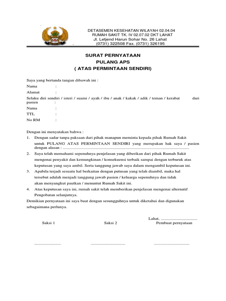 Surat Pernyataan Pulang APS Pasien | PDF | Hukum