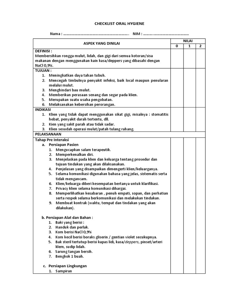 CHECKLIST FOR ORAL HYGIENE ASSESSMENT | PDF