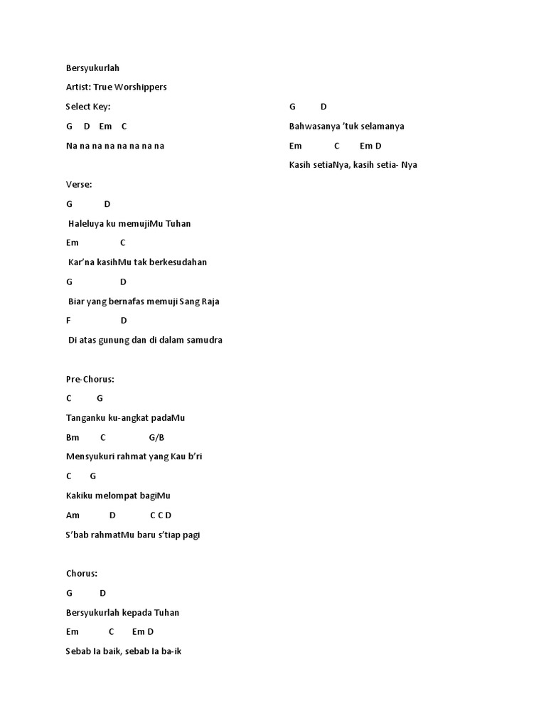 Lirik Lagu Bersyukurlah Kepada Tuhan Sebab Dia Baik