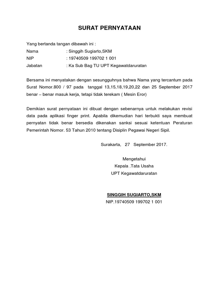 Surat Pernyataan Finger Print