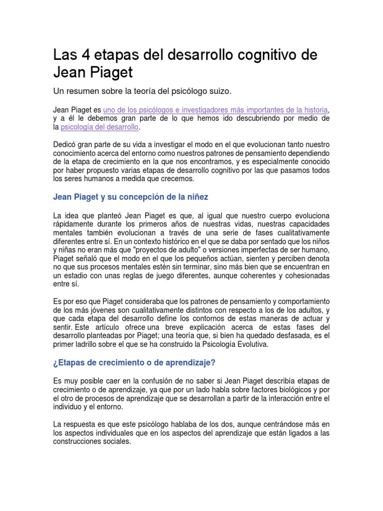 Las 4 Etapas Del Desarrollo Cognitivo de Jean Piaget | PDF | Desarrollo ...