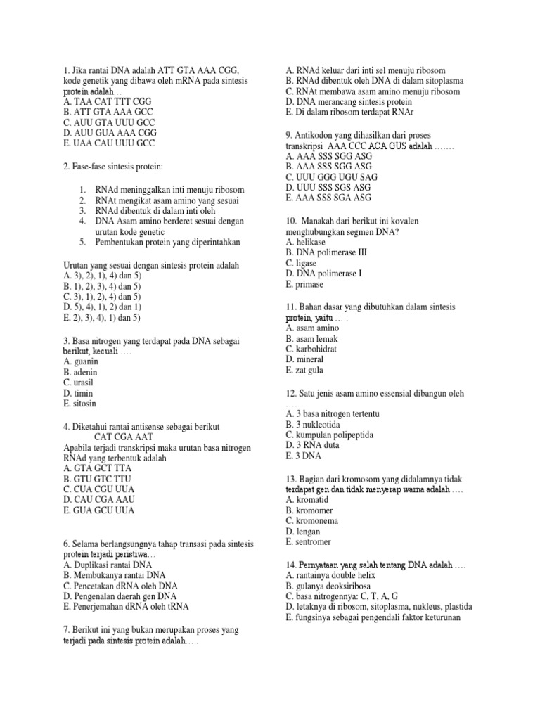 Soal Sintesis Protein Kelas 12 PDF | PDF