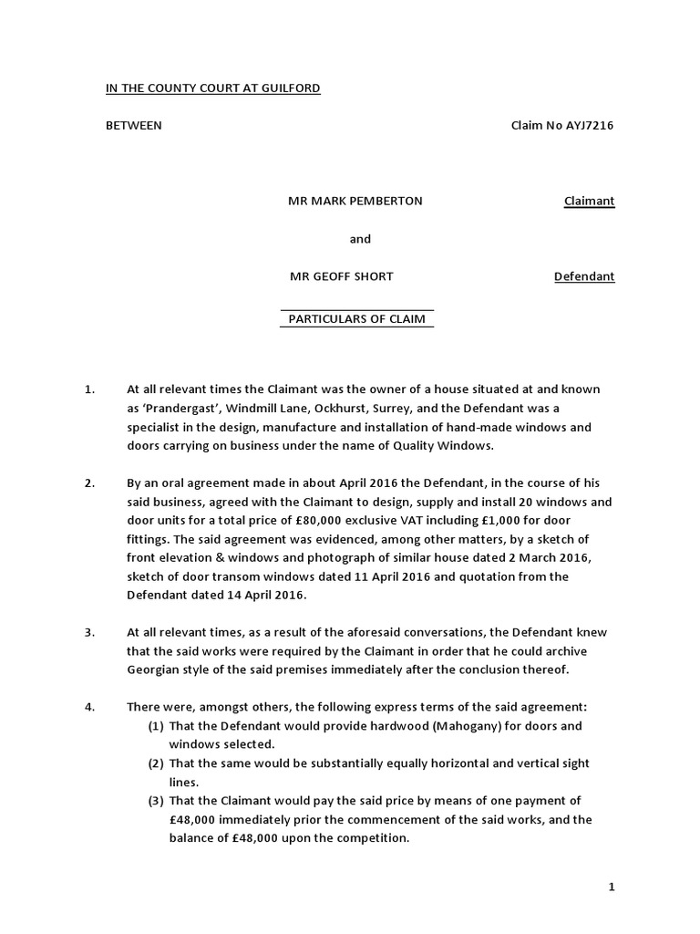 Draft Particulars Of Claim Pdf Damages Social Institutions