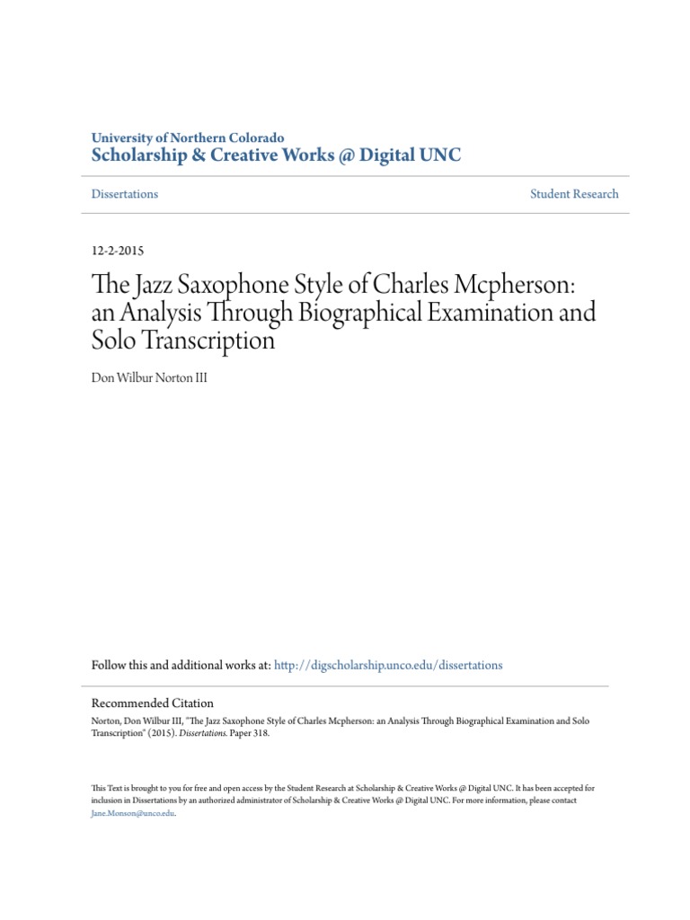 The Jazz Saxophone Style of Charles Mcpherson   An Analysis Throug