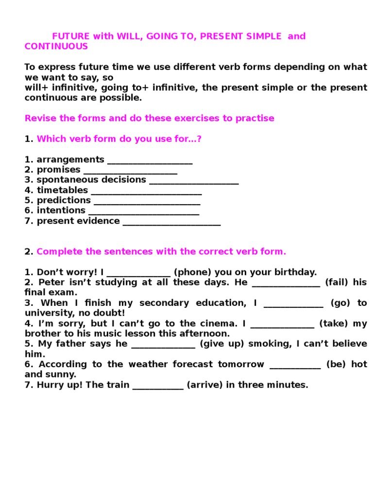 Be Going To Present Continuous Exercises