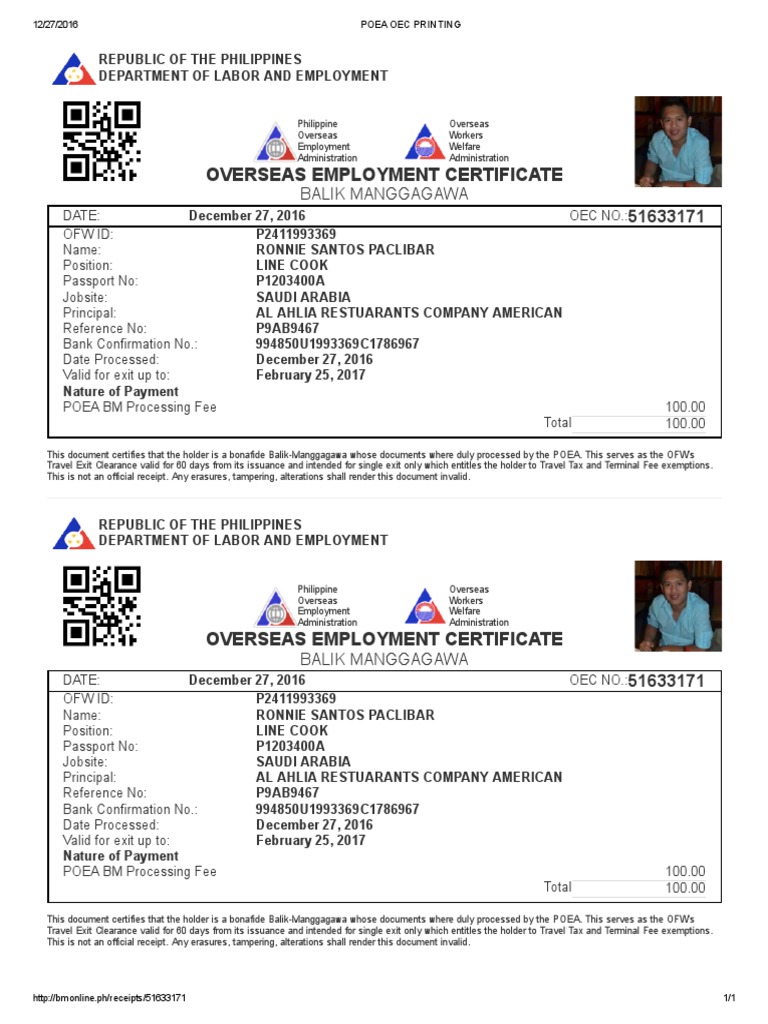 POEA OEC Certificate for OFW | PDF | Passport | International Law