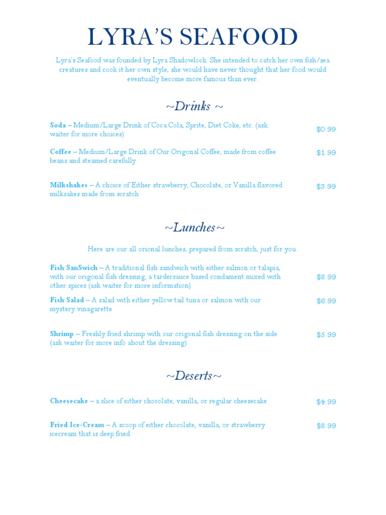 Lyra's Seafood Menu: Fresh Fish & Drinks | PDF