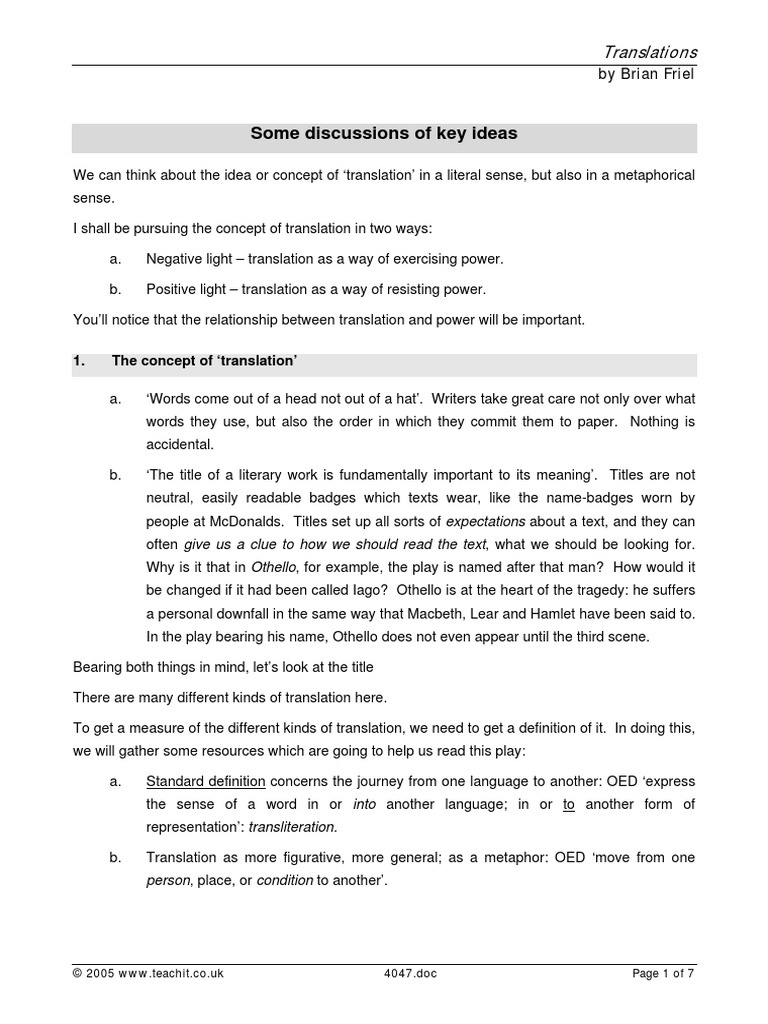 4047 Brian Friel Summary Translations | Question | Integrity