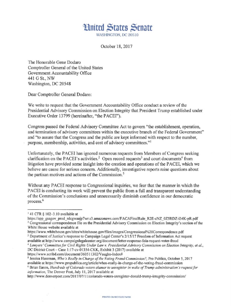 Letter To The GAO Re: Election Integrity Commission | PDF