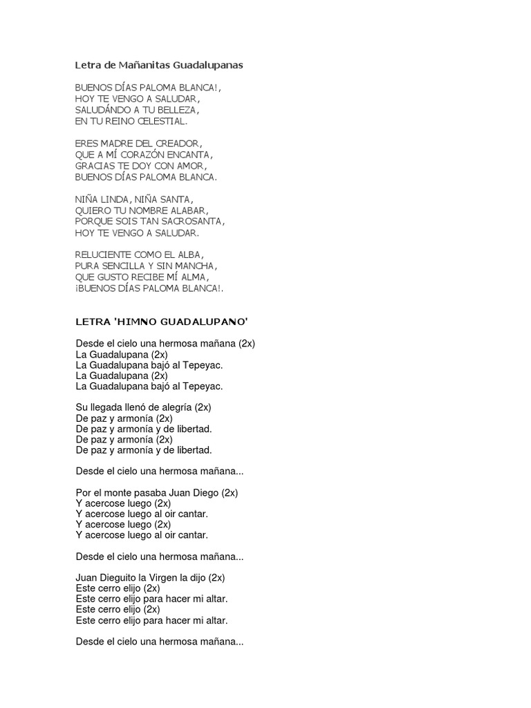 Letra de Mañanitas Guadalupanas