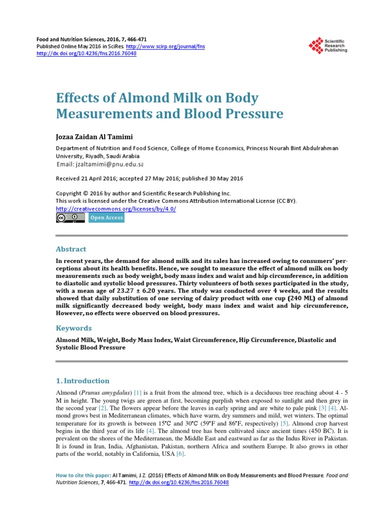 Effects of Almond Milk On Body Measurements and Blood Pressure