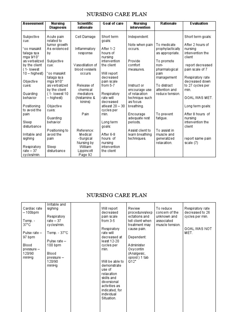 Nursing Care Plan for Acute Pain | PDF | Respiratory System ...