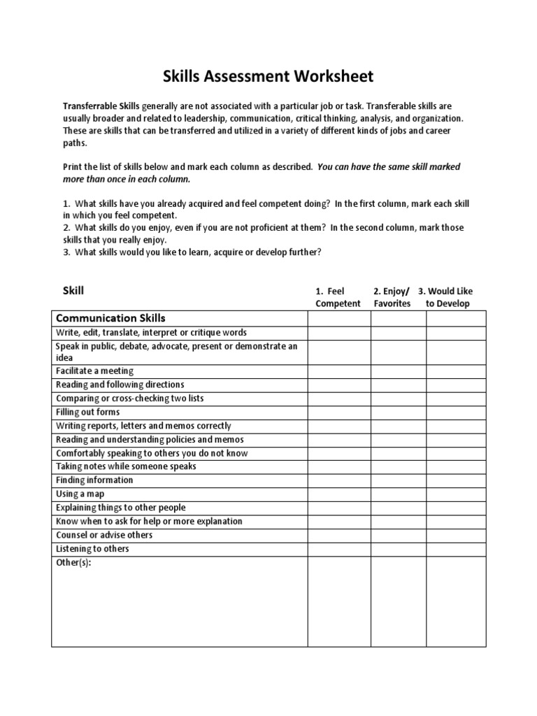 Skills Inventory Worksheet | Critical Thinking | Creativity