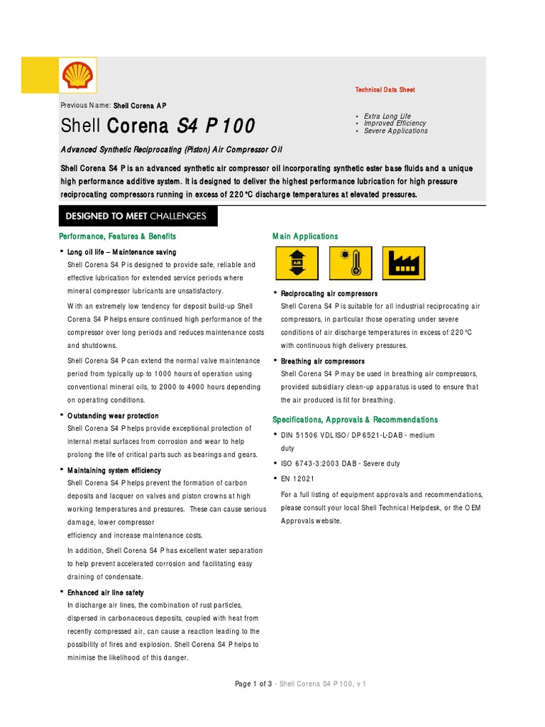 Shell Corena S4 P 100 Technical Data | PDF | Gas Compressor | Lubricant