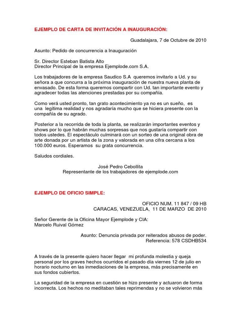 EJEMPLOS Carta, Solicitud, Oficio, Acta, Informe