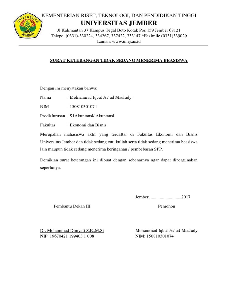 Contoh Surat Keterangan Tidak Menerima Beasiswa Lain 