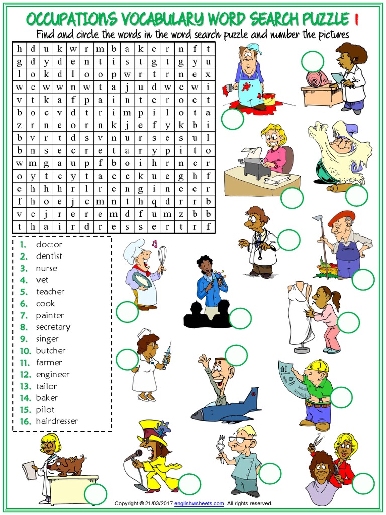 occupations vocabulary esl word search puzzle worksheets