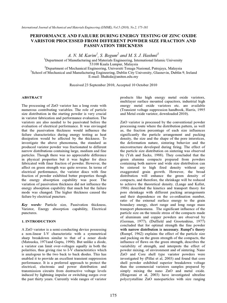 Performance and Failure During Testing of Zno Varistors PDF Zinc