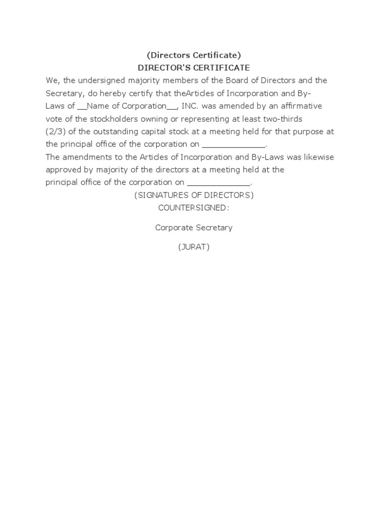 Directors Certificate Template PDF Board Of Directors Corporations
