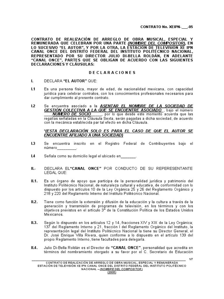 Contrato de Realizacion de Arreglo de Obra Musical Pagos