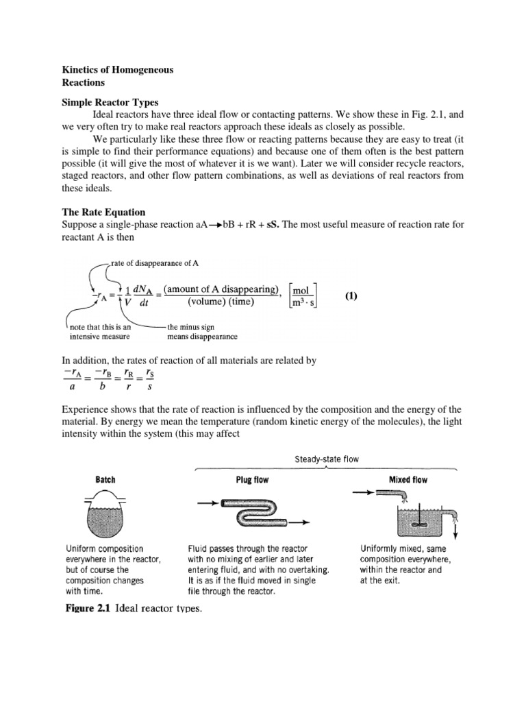 Kinetics of Homogeneous Reactions Simple Reactor Types | PDF ...