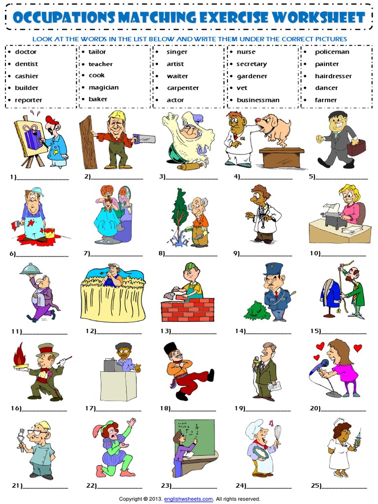Jobs Occupations Professions Vocabulary Matching Exercise Worksheet PDF ...