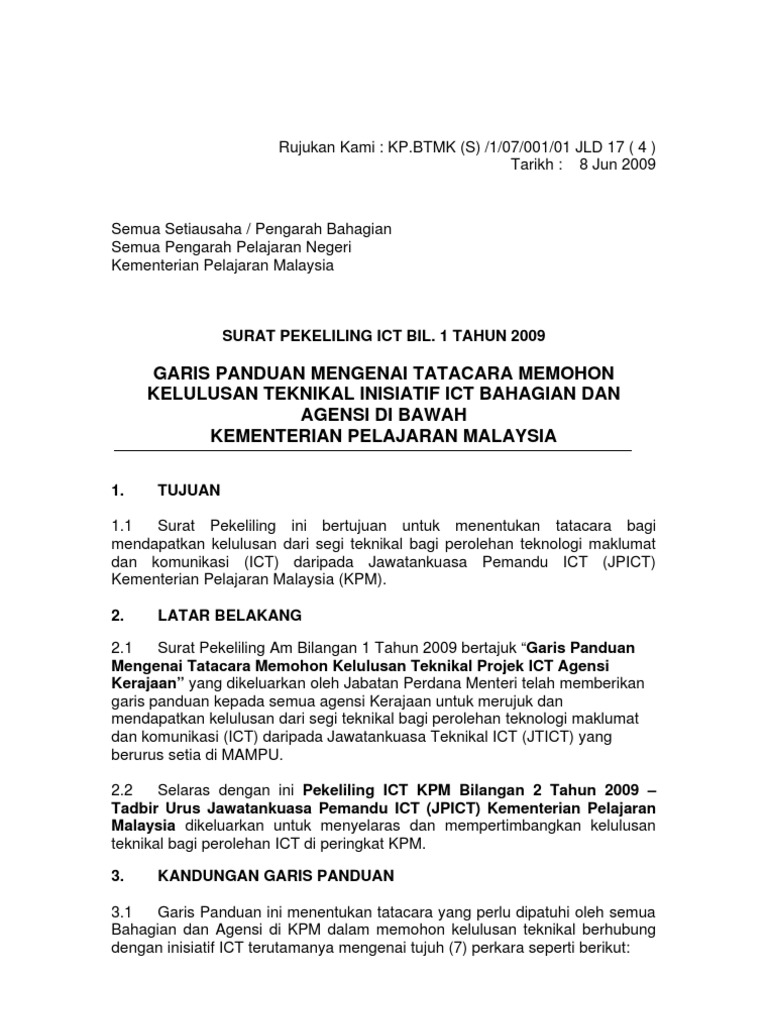 Surat Pekeliling Ict Bil 1 2009 Tatacara Memohon Kelulusan Teknikal Inisiatif Ict Kpm