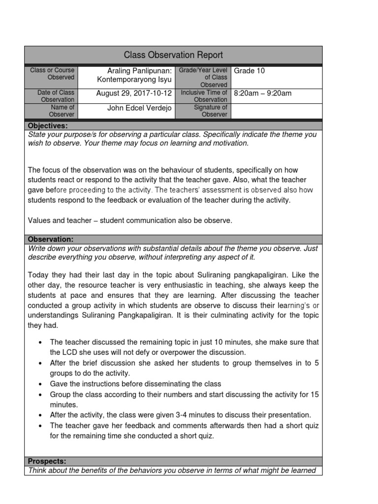 Class observation report template classroom teachers