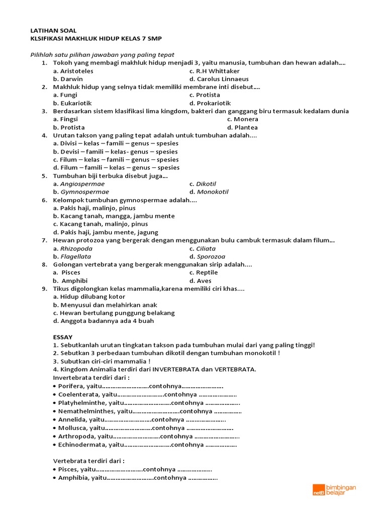 Soal Klsifikasi Mahluk Hidup Kls 7 Essay Dan Jawaban