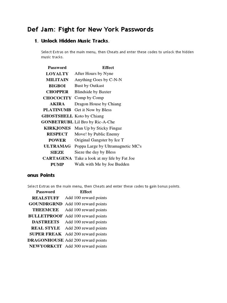 Def Jam Fight For New York Passwords 1. Unlock Hidden