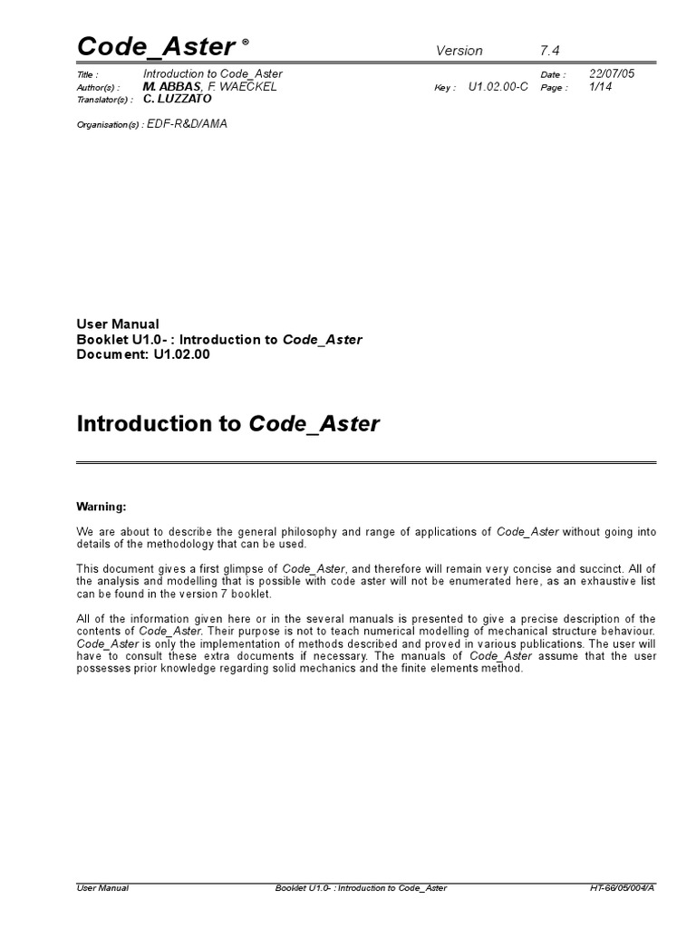 Code Aster User Manuel | PDF | Finite Element Method | Basis (Linear ...