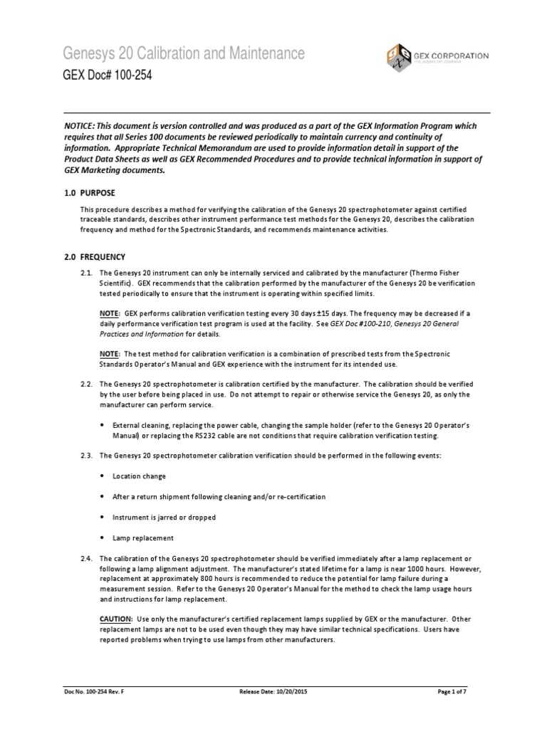 100-254_F Genesys 20 Calibration & Maintenance.pdf | Spectrophotometry |  Calibration