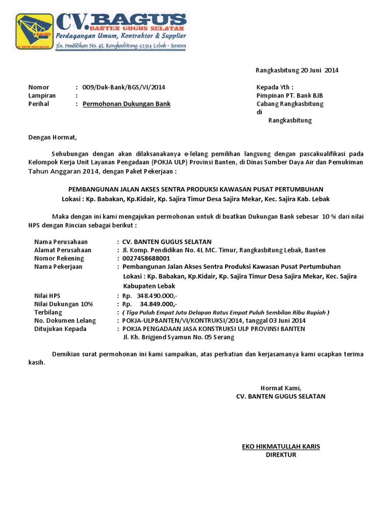 Contoh Surat Contoh Surat Permohonan Dukungan Bank
