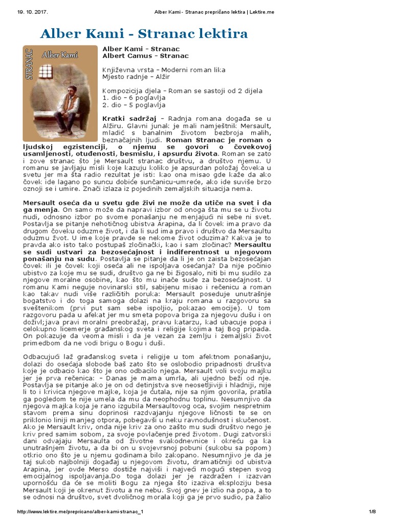 Alber Kami - Stranac Prepričano Lektira - Lektire | PDF