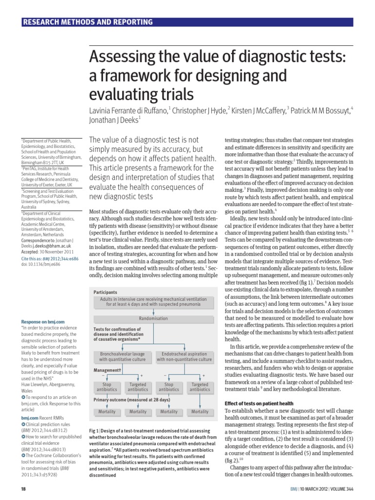 Assessing The Value of Diagnostic Tests: A Framework For Designing and ...